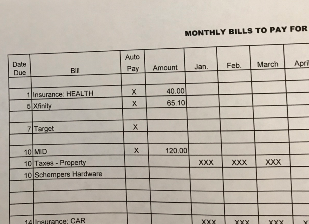 Example of bill pay sheet